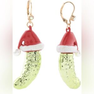 Betsey Johnson Festive Pickle Earrings with Santa Hat